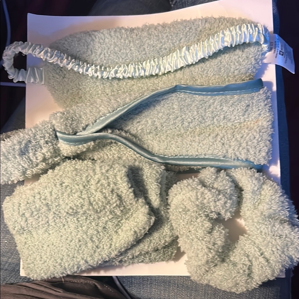 Cozy Blue Fuzzy Headband, eye mask, socks and Scrunchie Set green